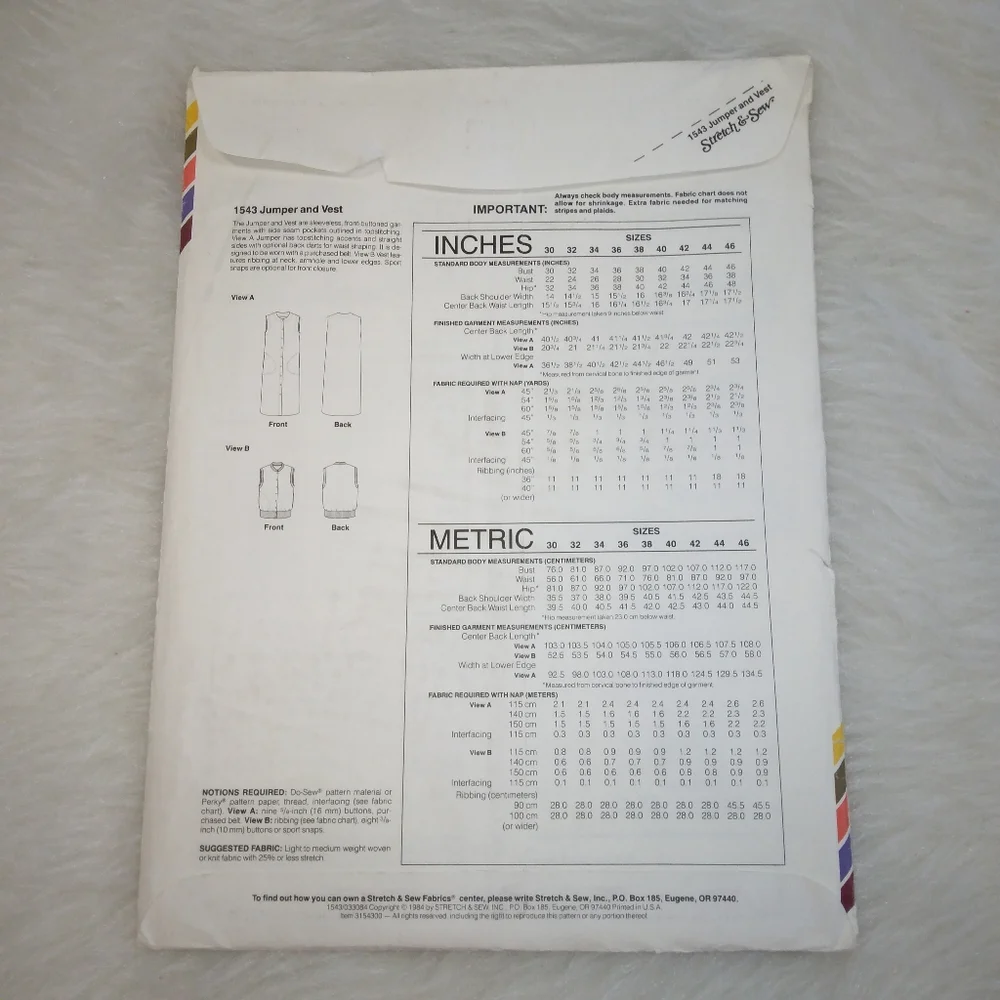 STRETCH & SEW 1543 Jumper and Vest, Bust size 30-32-34-36-38-40-42-44-46